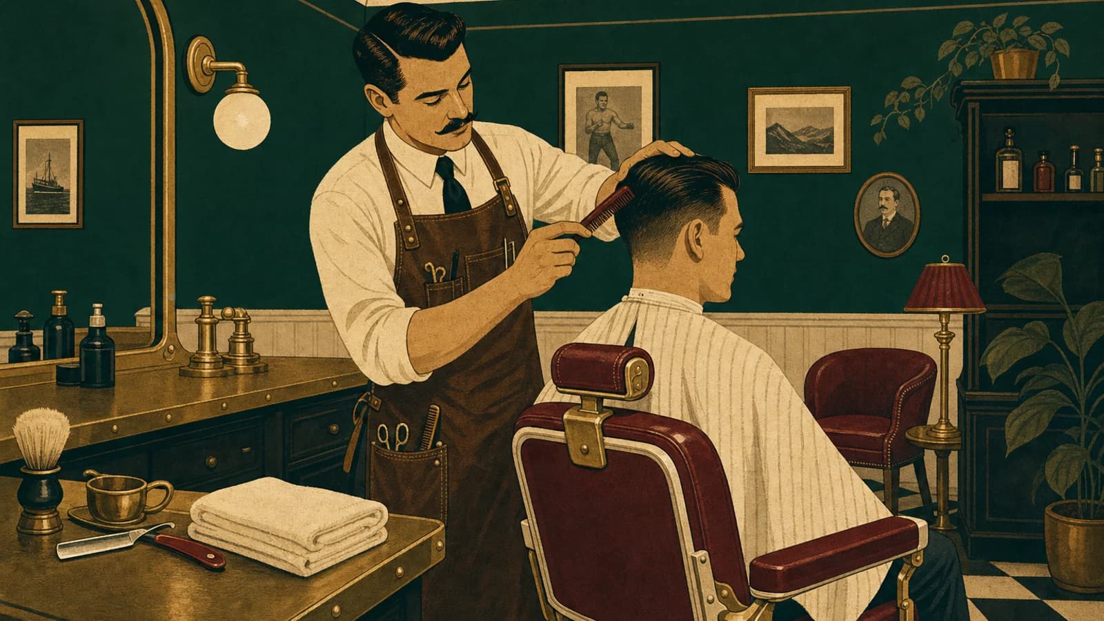 Barber finishing a cut and shave at a Coconut Grove barbershop