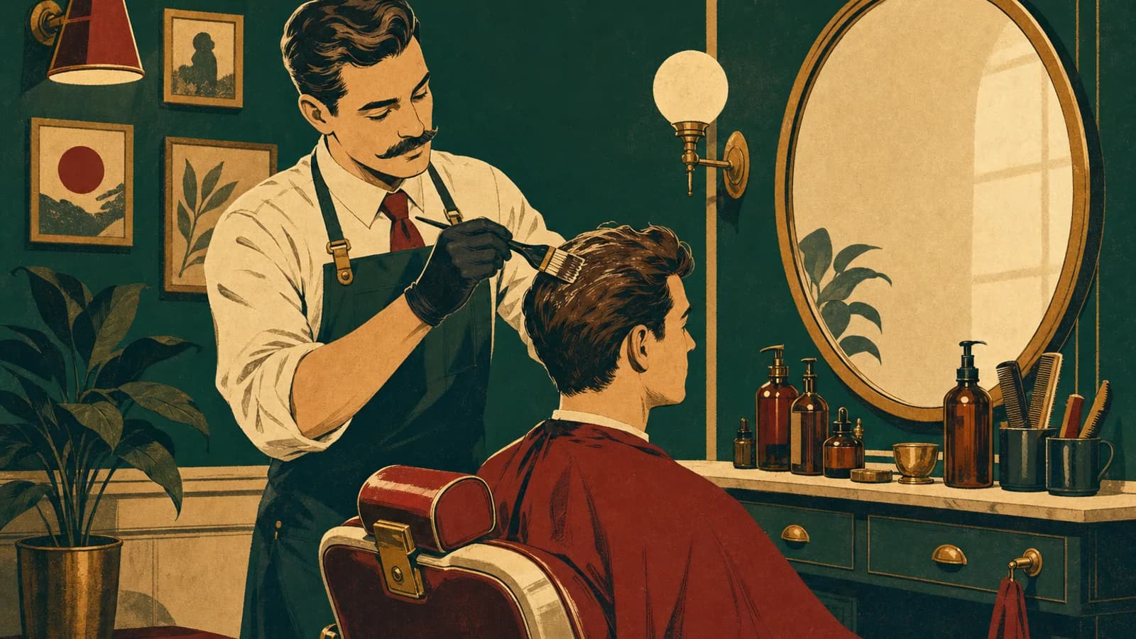 Hair color and styling at a barbershop vanity in Coconut Grove